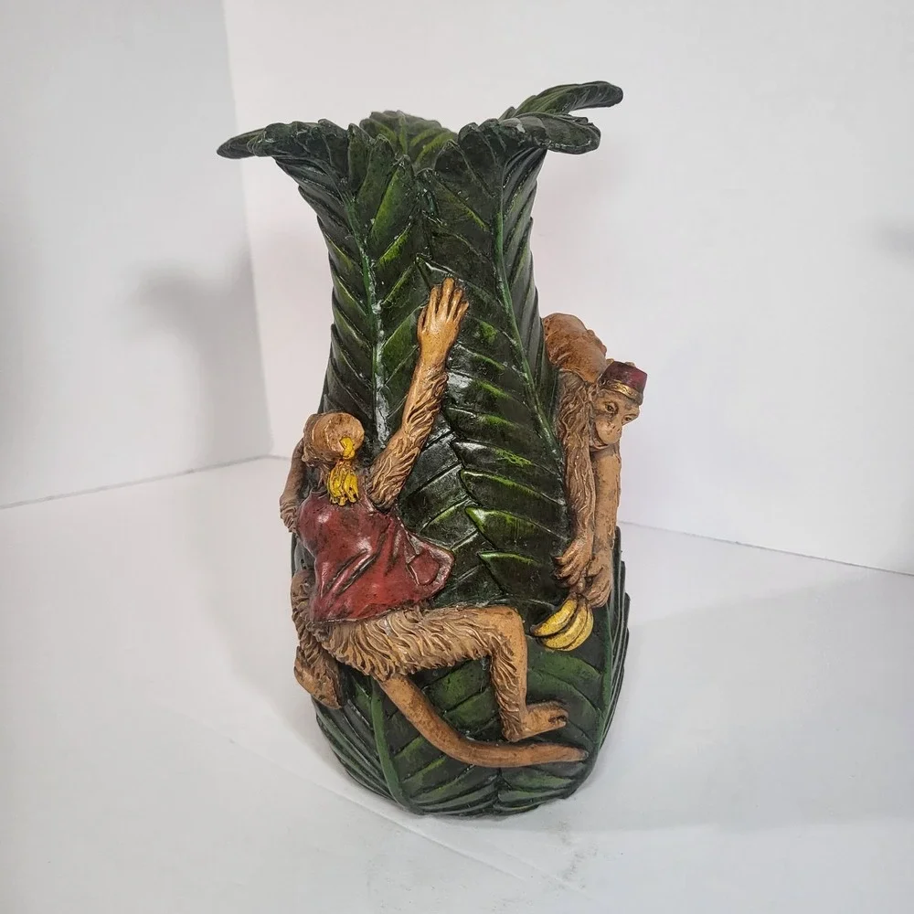 Cedar‎ Creek Collection 3D Palm Leaf Monkey & Banana Resin Vase - Tropical Decor